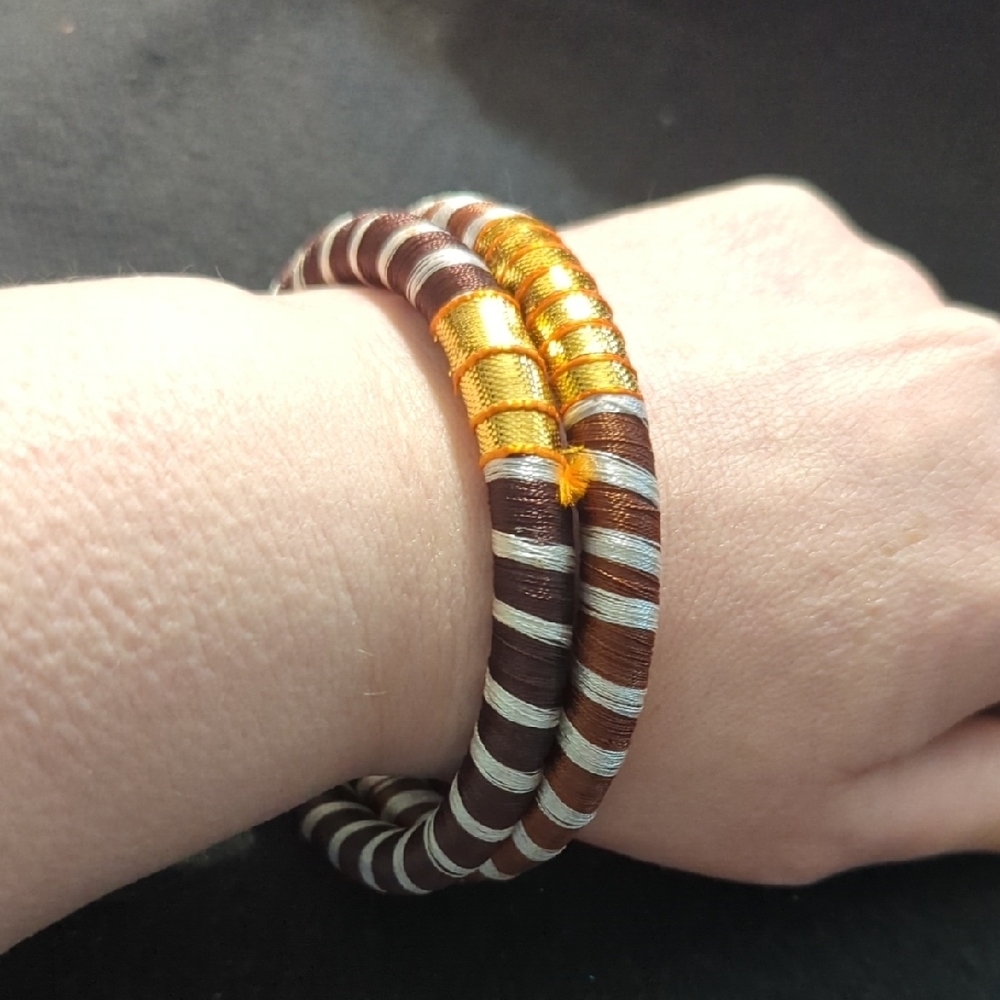 Gold Tone Brown and White Silk Thread Wrapped Bangle Statement Bracelet Set Of 2